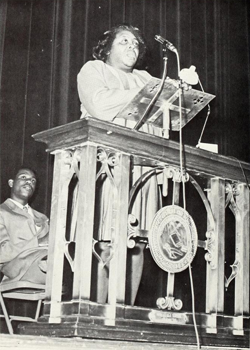 Fannie Lou Hamer speaks at Mississippi State in 1969 during an event sponsored by the Afro-American Plus Club. 