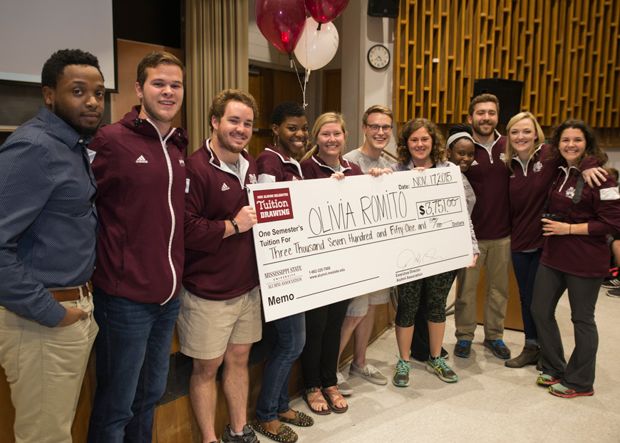Junior Olivia Romito of Olive Branch (fifth from right) is receiving free 2016 tuition at Mississippi State through a drawing organized by the university’s Alumni Delegates organization. With her are AD members (from left) Jermario Gordon, Alex Ezelle, Josh Creekmore, Zavian Burns, Erica Sowell, Austin Grace, Abrianna Thompson, Rob Hairston, Annaleigh Coleman, and Kaylie Mitchell. (submitted)