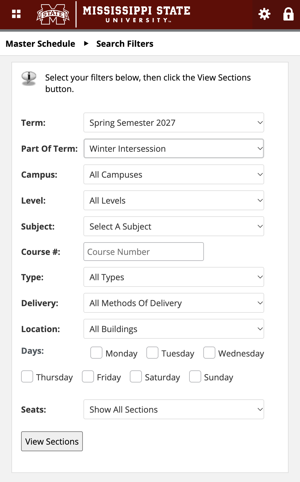 Master Schedule Filer Options