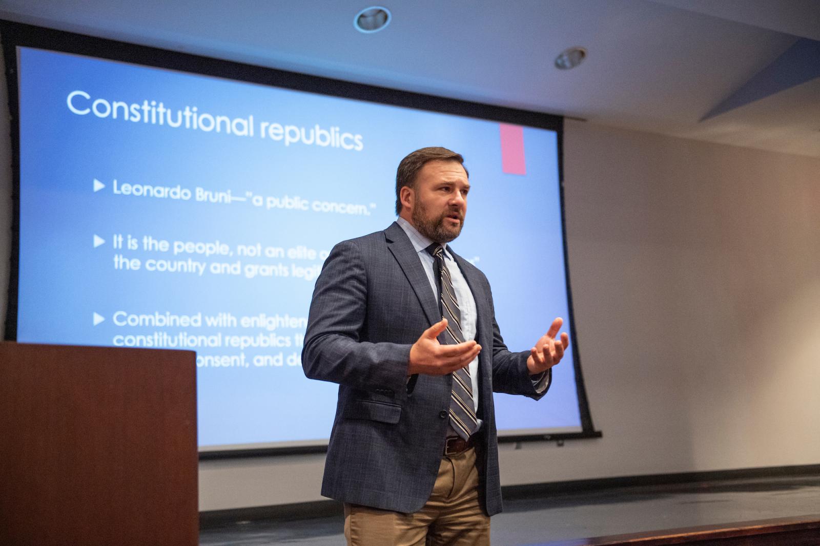 Brian Shoup, professor and head of Mississippi State's Department of Political Science and Public Policy, delivers a Constitution Day lecture in 2022.