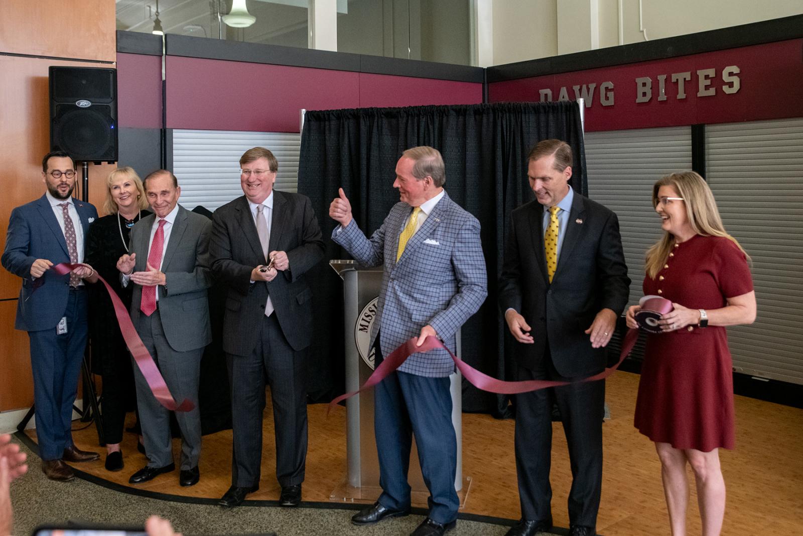 Celebrating MSU’s new Interprofessional Simulation Program at the MSU-Meridian Riley Campus are, from left, Associate Vice Provost for Health Sciences and Interim Head of Campus David Buys; Executive Director of The Riley Foundation Becky Farley; President and CEO of The Riley Foundation Marty Davidson; Gov. Tate Reeves cutting the ribbon; MSU President Mark E. Keenum; U.S. Rep. Michael Guest; and MSU Director of Simulation and Clinical Affairs Alaina Herrington.