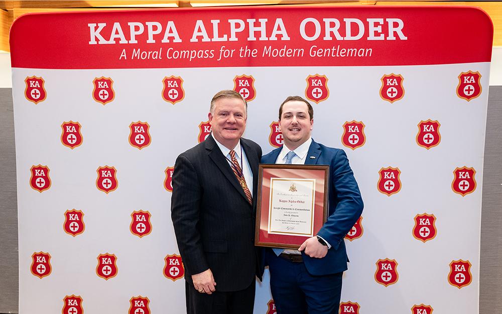 Kappa Alpha Order Knight Commander King V. Aiken Jr., left, recognizes Mississippi State University Kappa Alpha Beta Tau chapter’s Jack Edwards as a Knight Commander’s Medal recipient.