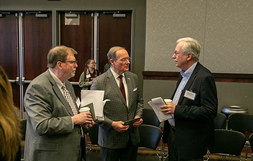 Mississippi State University Vice President for the Division of Agriculture, Forestry, and Veterinary Medicine Keith Coble, left, MSU President Mark E. Keenum, center, talk with Special Representative of the U.N. Food and Agriculture Organization Director-General Dan Gustafson during MSU’s first Food and Agriculture as National Security Conference March 21.