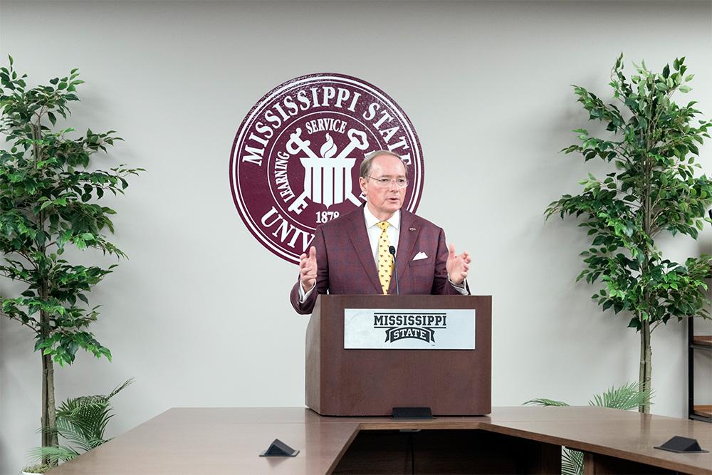 MSU President Mark E. Keenum speaks at a podium