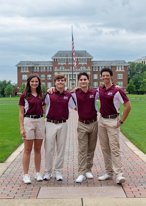 New 2025-26 drum majors for Mississippi State University’s Famous Maroon Band include, from left, Olivia Dickerson, senior, Gautier; Rowan Russell, senior, Forest; James Leon, sophomore, Biloxi; and Christopher Jolivette, senior, McCalla, Alabama.