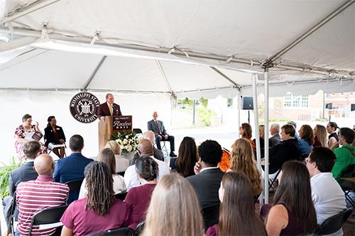 MSU President Mark E. Keenum speaks Aug. 8 during the celebration of Azalea Hall's completion