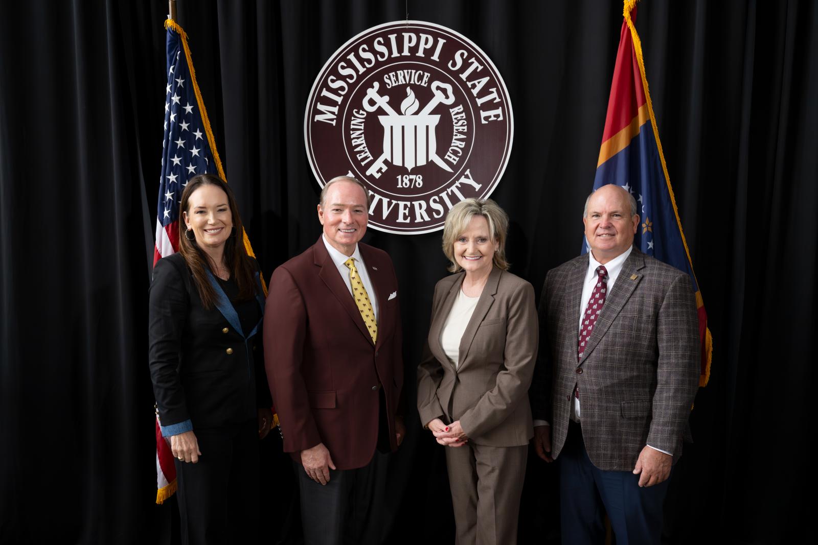 From left, U.S. Secretary of Agriculture Brooke Rollins, Mississippi State University President Mark E. Keenum, U.S. Sen. Cindy Hyde-Smith and Mississippi Farm Bureau Federation President Mike McCormick pictured today [Aug. 28] at MSU’s College of Veterinary Medicine following Rollins’ announcement of a Rural Veterinary Shortage Action Plan.
