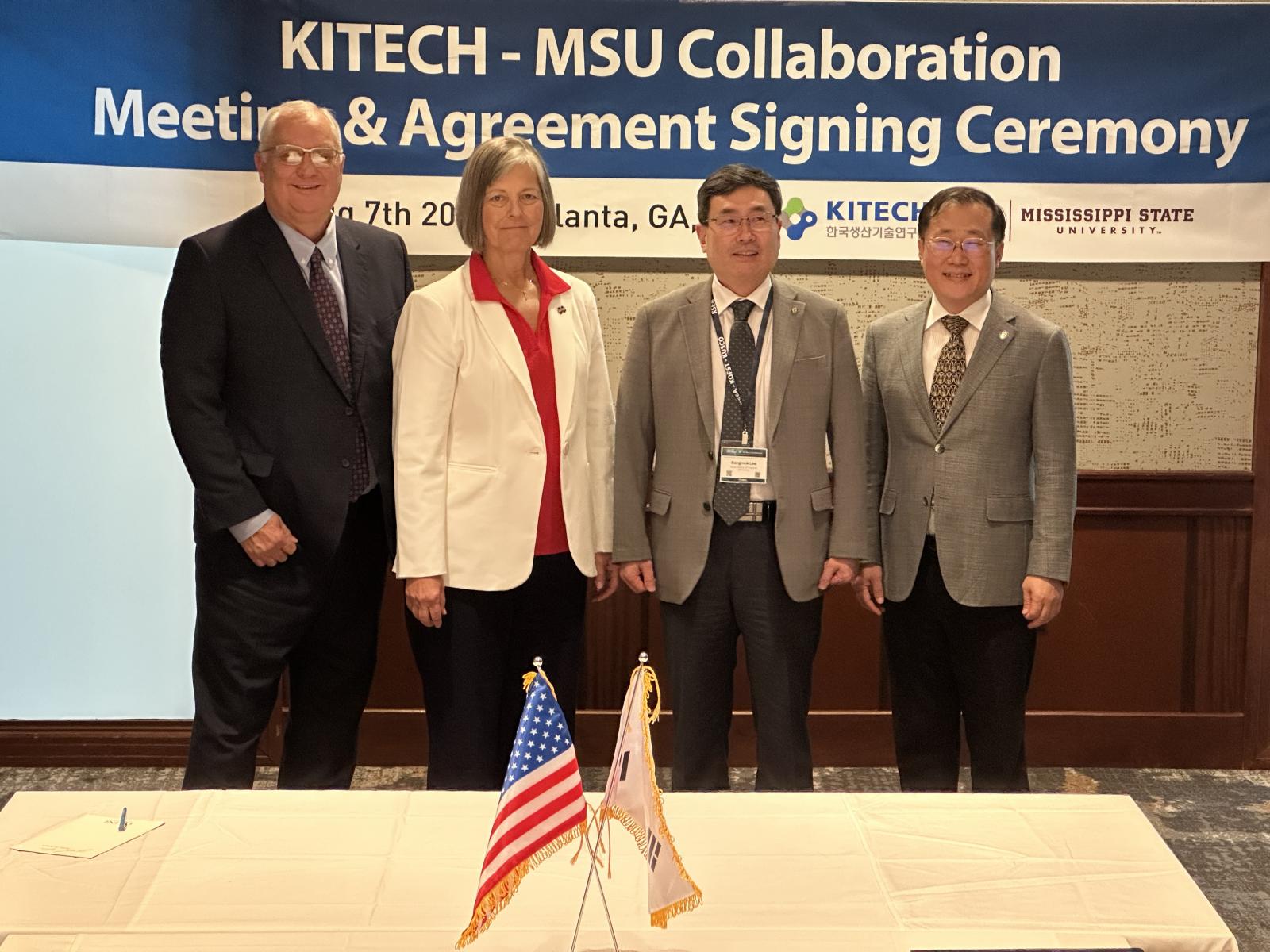 Pictured recently in Atlanta, from left, are MSU Center for Advanced Vehicular Systems Executive Director Clay Walden, MSU Vice President for Research and Economic Development Julie Jordan, KITECH President Sangmok Lee, and Tae-Hoon Choi, executive director of KITECH’s Research Institute of Intelligent Manufacturing and Materials Technology.