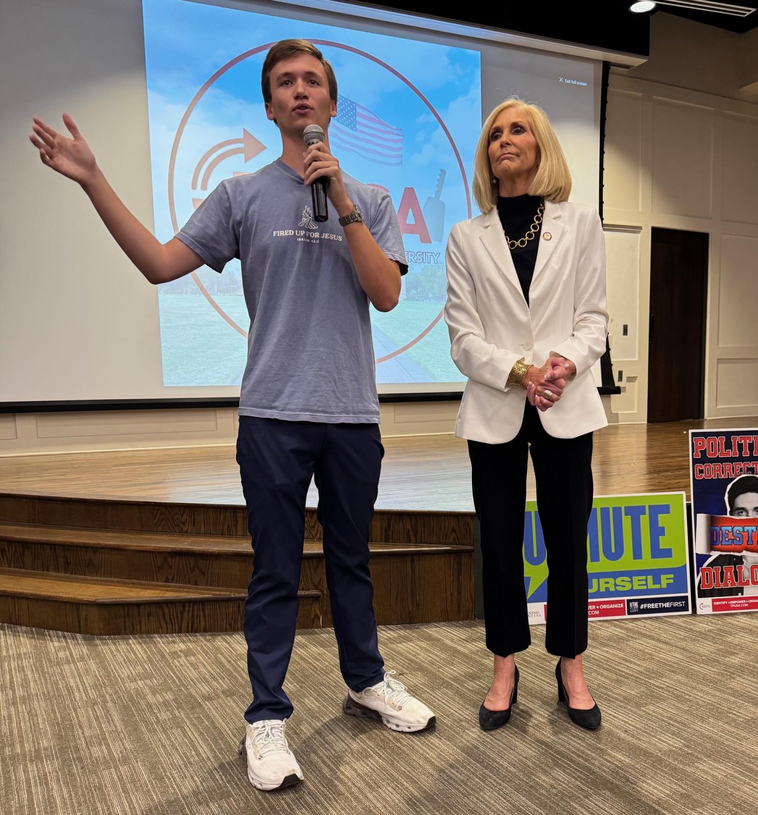 Mississippi Attorney General Lynn Fitch, right, joined former co-chair of the Republican National Committee&#039;s Youth Advisory Council Brilyn Hollyhand. Hollyhand is a political science major at Auburn University. Hollyhand appeared at MSU under the auspices of the student-led Turning Point USA chapter and is currently on a tour of universities in the South.