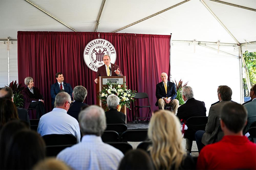 MSU President Mark E. Keenum speaks Oct. 23 during the groundbreaking ceremony for Hotel Madelon in the new Crossroads District.