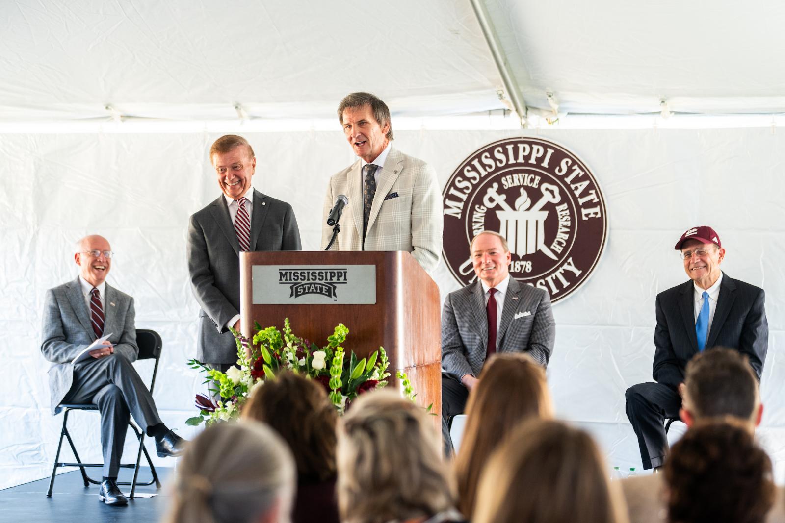 Tommy, left, and Jim Duff of Columbia gave remarks Wednesday [Nov. 5] during Mississippi State’s dedication ceremony for the Jim and Thomas Duff Center. The brothers’ generous cornerstone gift made the state-of-the-art facility possible, and the Duff Center now is home of the university’s Department of Kinesiology and key programs of the university’s Mississippi Institute on Disabilities.