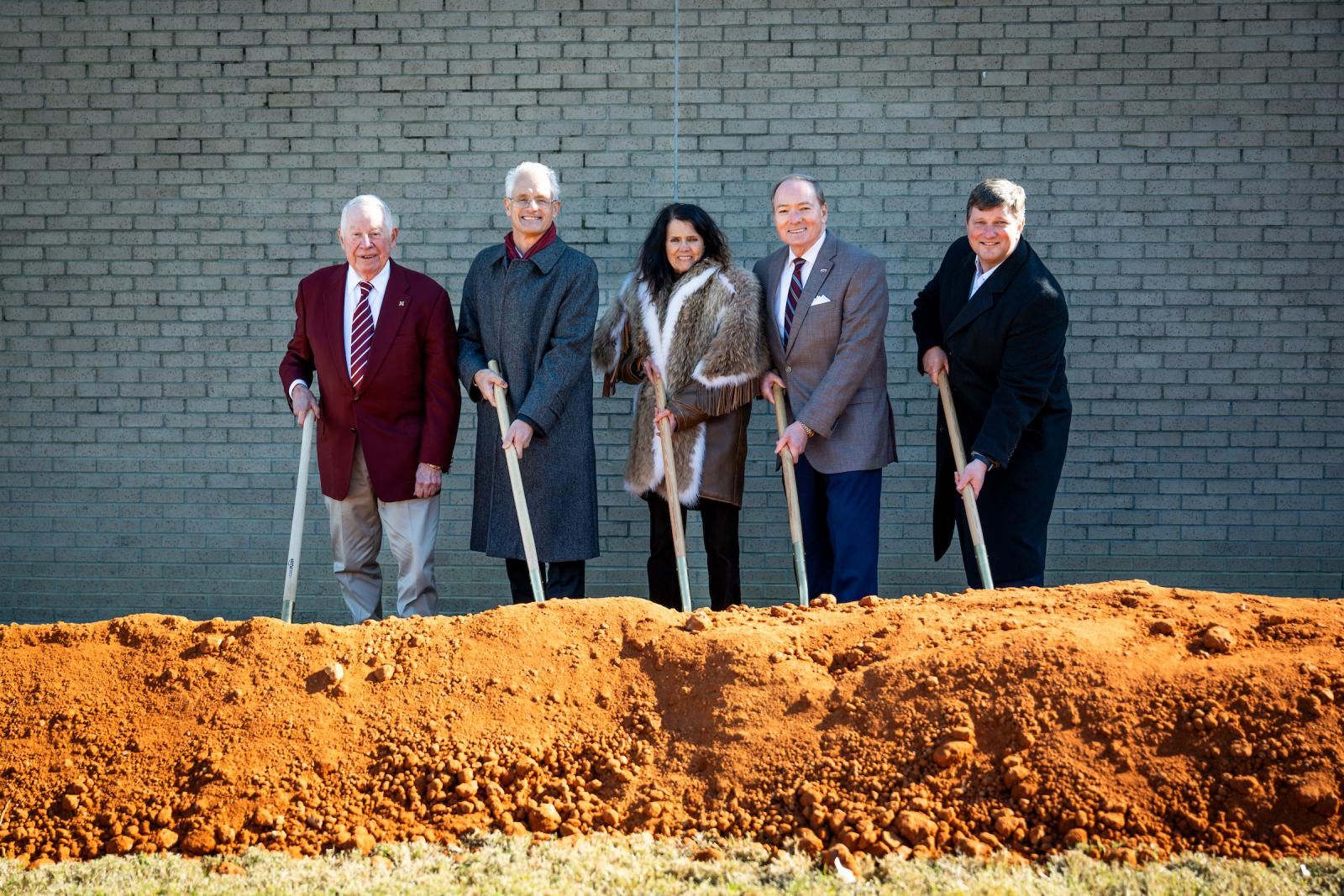 Celebrating today’s [Nov. 10] groundbreaking ceremony for the Nancy Fair Link Laminitis Research Center at Mississippi State University&#039;s College of Veterinary Medicine are, from left, MSU Alumnus Richard Adkerson, College of Veterinary Medicine Dean Nicholas Frank, Nancy Link, MSU President Mark E. Keenum, and MSU Foundation President and CEO John Rush.
