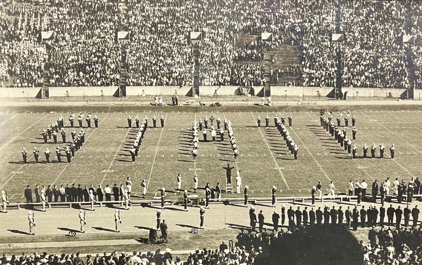 archival photo of STATE spelled out by band.