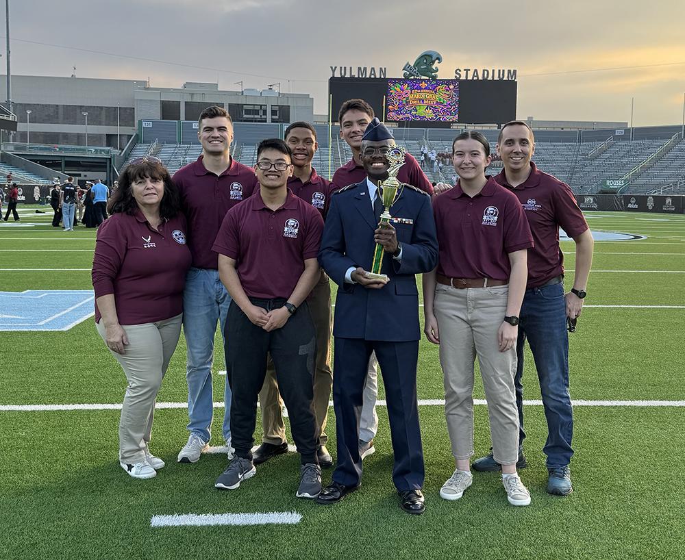 Mississippi State students and staff pose after the university’s Air Force ROTC Detachment 425 finished second nationally in the Mardi Gras Drill Meet this month at Tulane University in New Orleans, Louisiana.