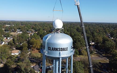 A next-generation radar system is installed on top a water tower in Clarksdale by Climavision.