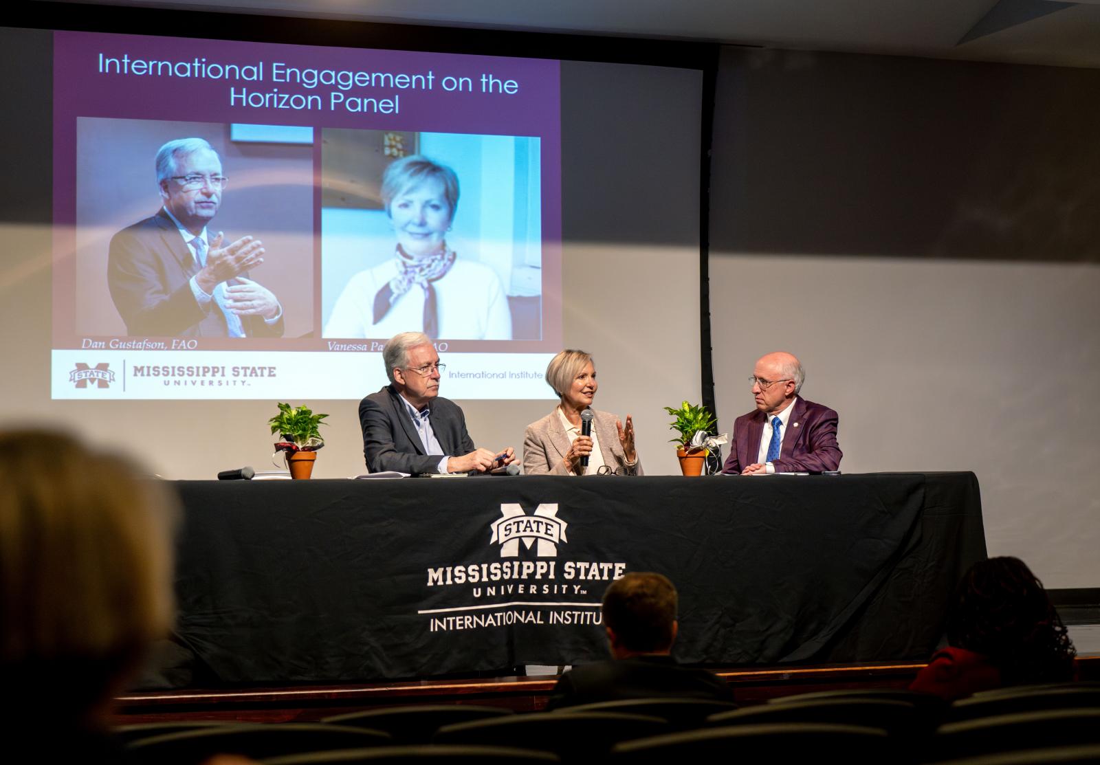 Daniel Gustafson, from left, and Vanessa Passafaro of the Food and Agriculture Organization of the United Nations, along with MSU Provost and Executive Vice President David Shaw speak during an international engagement panel on Tuesday [April 14].