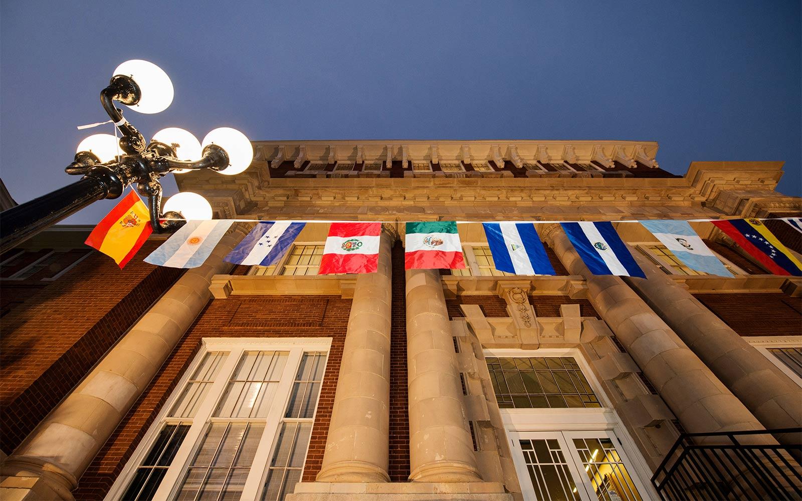 International flags displayed outside MSU's Lee Hall