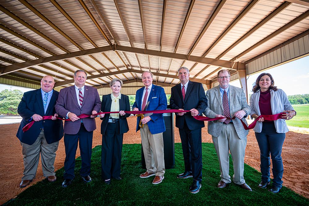 Mississippi State dignitaries and guests cut the ribbon for the new Livestock Evaluation Laboratory Monday [May 4] in Starkville. Pictured from left are Darrell Sparks, Scott Willard, U.S. Sen. Cindy Hyde Smith, President Mark E. Keenum, Brian Atkins, Keith Coble and Christy Bratcher.