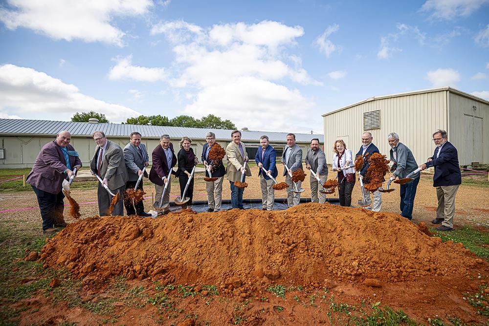 Mississippi State and industry representatives celebrate the groundbreaking of a poultry feed mill at the Mississippi Agricultural and Forestry Experiment Station’s H. H. Leveck Animal Research Center.