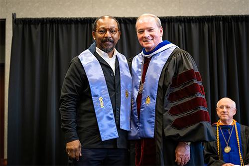 MSU Professor Anthony Neal, left, a Judy and Bobby Shackouls Honors College faculty fellow and member of the Department of Philosophy and Religion, is pictured with MSU President Mark E. Keenum during the spring 2026 induction ceremony for Phi Beta Kappa’s Gamma of Mississippi Chapter. Neal was inducted as an honorary member.