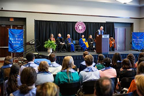 MSU President Mark E. Keenum speaks during the spring 2026 induction ceremony for Phi Beta Kappa’s Gamma of Mississippi Chapter.