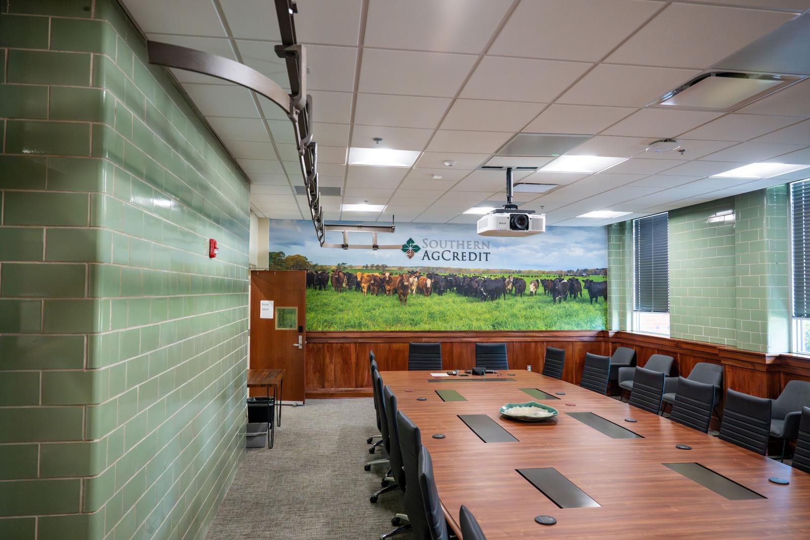 interior photo of ballew hall featuring a cow mural