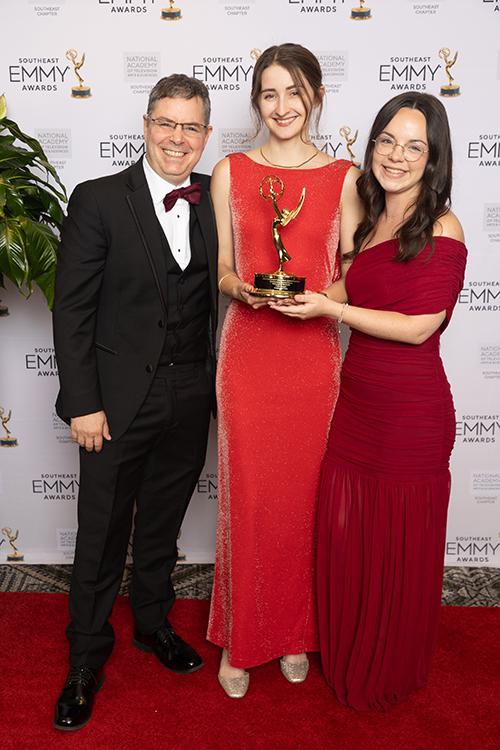 Celebrating Mississippi State wins at the Southeast Emmys are MSU Office of Public Affairs staff, including, from left, Chief Marketing Officer Thomas Broadus, Video Producer Sarah Kirk and Social Media Strategist Sarah Triplett.