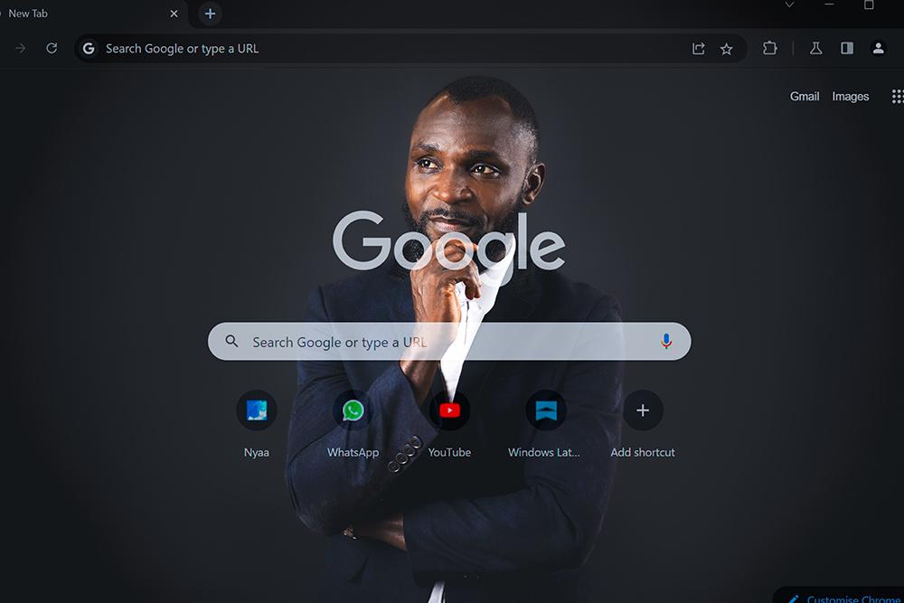 A photo illustration of Timothy Okunoye depicts a Google browser screenshot overlayed on his portrait.