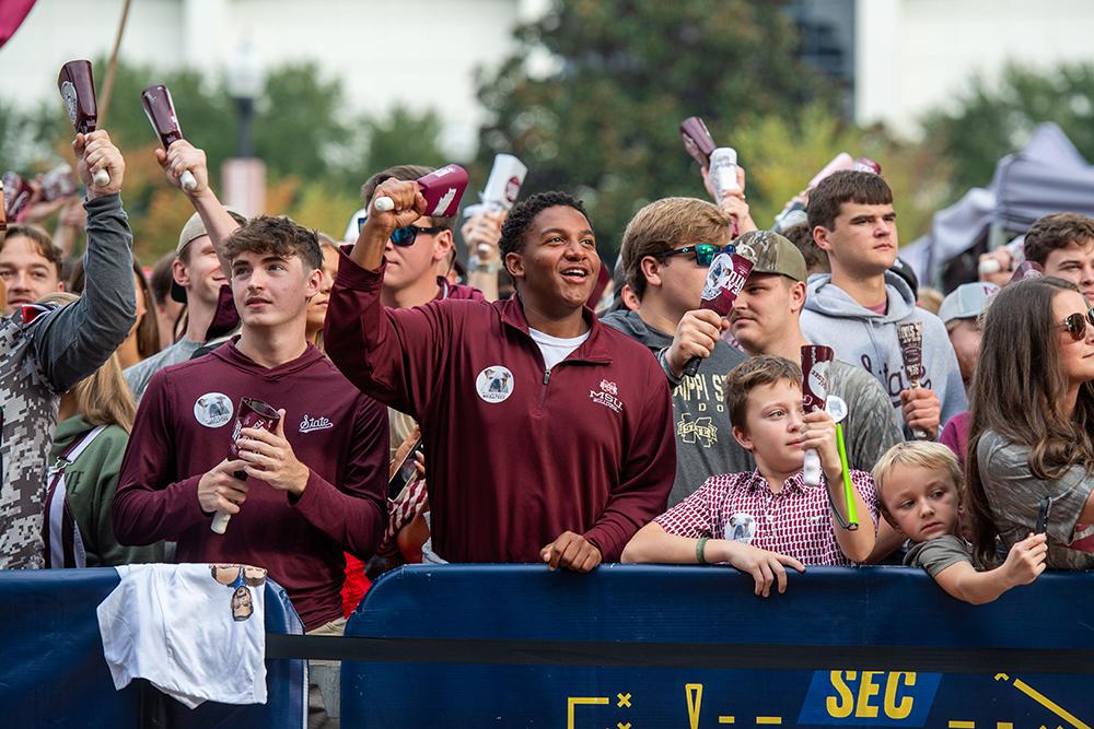 Bulldog fans ring cowbells during an SEC Nation broadcast.
