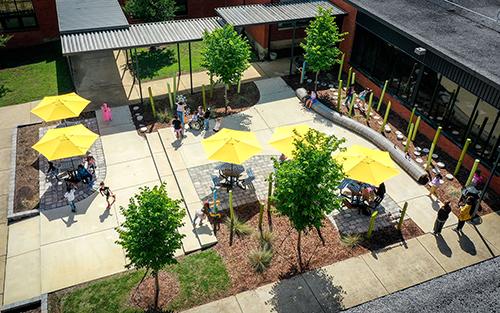 Students and teachers enjoy a new central courtyard at Sudduth Elementary in Starkville.