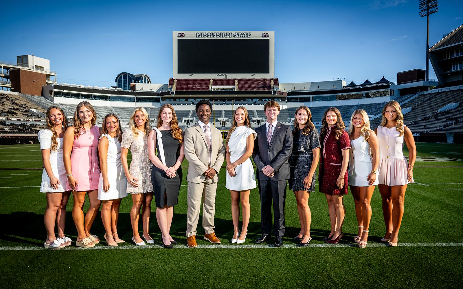 The 2026 Mississippi State Homecoming Court stands together at Davis Wade Stadium.
